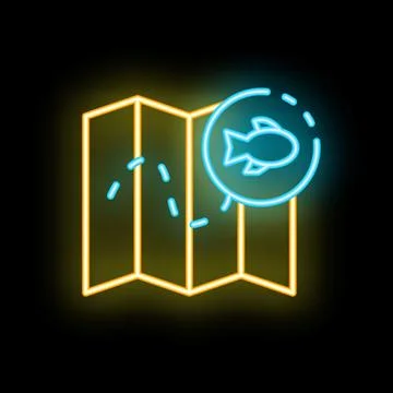 Neon icon of map showing fish migration route Stock Illustration