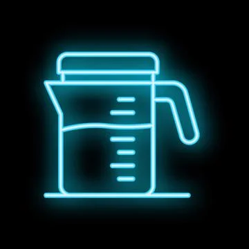 Neon icon of measuring cup with handle and liquid inside Illustration
