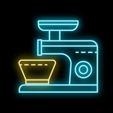 Neon icon of meat grinder processing food on black background Stock Illustration