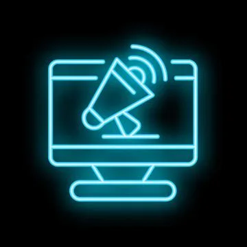 Neon icon of megaphone announcing on computer screen for digital marketing .. Stock Illustration