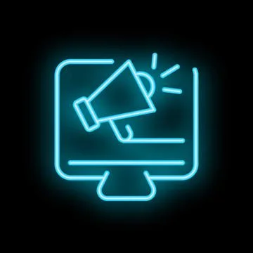 Neon icon of megaphone on computer screen for digital marketing campaign Stock Illustration
