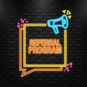 Neon Icon. Megaphone with referral program poster in flat style. Vector Stock Illustration
