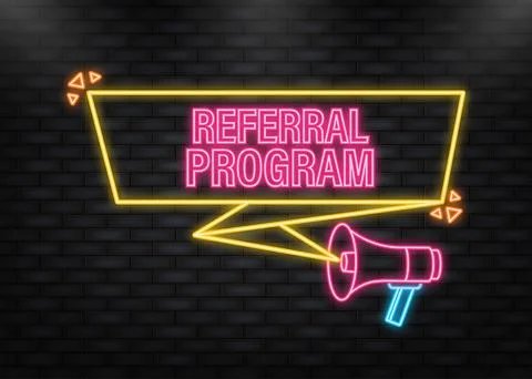 Neon Icon. Megaphone with referral program poster in flat style. Vector Stockillustratie
