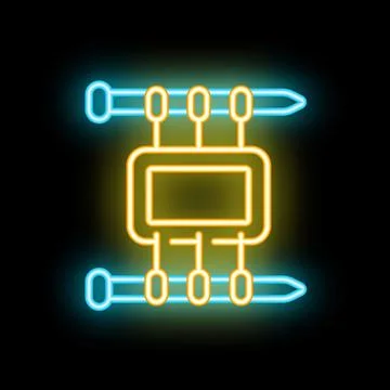 Neon icon of microchip with nails representing semiconductor shortage Stock Illustration