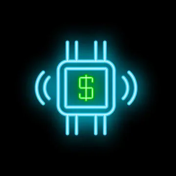Neon icon of microchip processing and emitting dollar currency symbol Stock Illustration