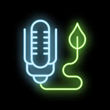 Neon icon of microphone connected to leaf symbolizing green podcast Stock Illustration