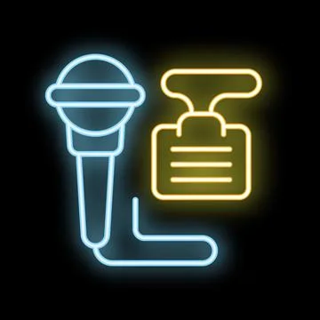 Neon icon of microphone with speech bubble representing podcast recording Illustrazione stock