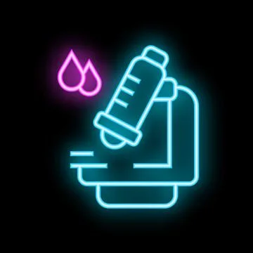 Neon icon of microscope analyzing blood sample for medical research Stock Illustration
