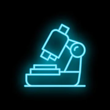 Neon icon of microscope analyzing sample on black background Illustrazione stock