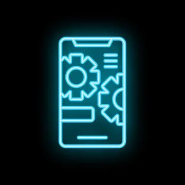 Neon icon of mobile app development showing smartphone with gears 스톡 일러스트