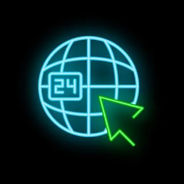 Neon icon of mouse cursor clicking on world globe with 24 hours sign Stock Illustration