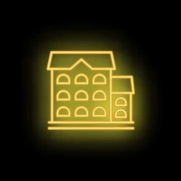 Neon icon of multi storey building with attic on black background Stock Illustration