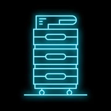 Neon icon of multifunction printer on wheels with paper trays full of sheets Stock Illustration