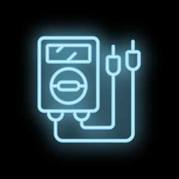 Neon icon of multimeter measuring voltage with test leads Stock Illustration