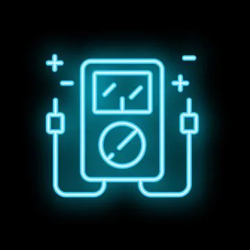 Neon icon of a multimeter measuring voltage with test leads Ilustración de archivo