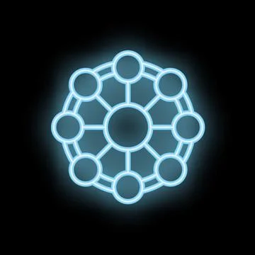 Neon icon of network hub with connected nodes glowing on black background Illustrazione stock