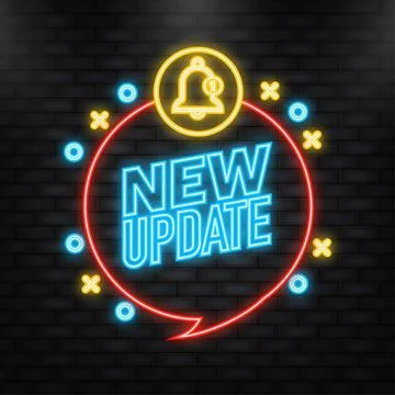 Neon Icon. New update flat label on blue background. Red banner. Vector Stockillustratie