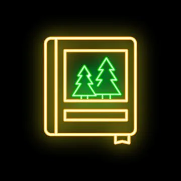 Neon icon of a notebook showing two pine trees on black background Stock Illustration