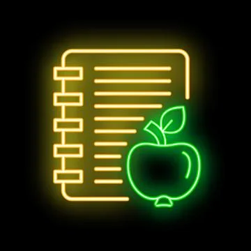 Neon icon of notepad with apple representing healthy lifestyle and diet Stock Illustration