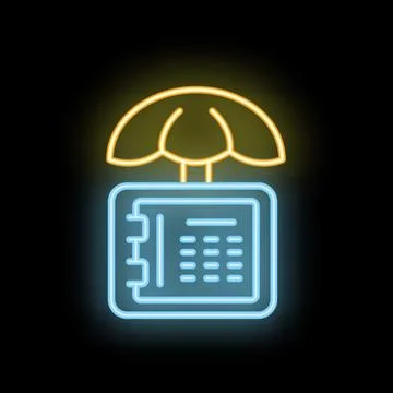 Neon icon of notepad under umbrella representing data protection concept 库存插图