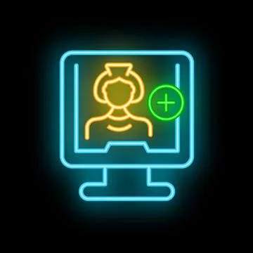 Neon icon of a nurse on a computer screen with a medical cross, representing  Stock Illustration