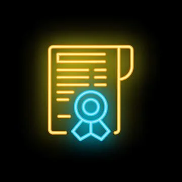 Neon icon of official document with blue guarantee seal representing trust .. Stock Illustration