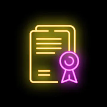 Neon icon of official document with stamp representing validation Stock Illustration