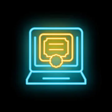 Neon icon of online certificate program on laptop screen Stock Illustration