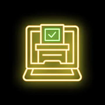 Neon icon of online voting using a laptop with ballot box and check mark Illustrazione stock