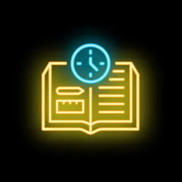 Neon icon of open book with clock representing time management Stock Illustration