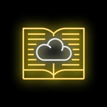 Neon icon of open book with cloud computing symbol Illustrazione stock