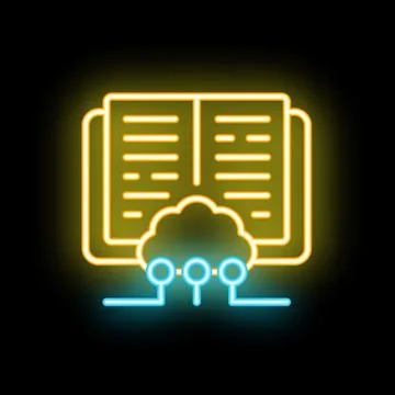 Neon icon of open book connected to cloud computing system Stock Illustration