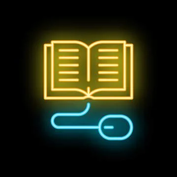 Neon icon of open book connected to computer mouse representing online educ.. Illustrazione stock