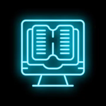 Neon icon of open book displaying on computer monitor screen Stock Illustration