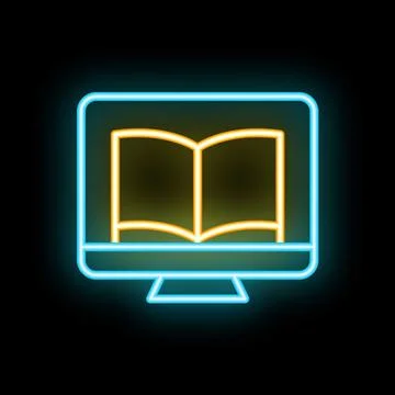 Neon icon of open book displaying on computer screen Stock Illustration