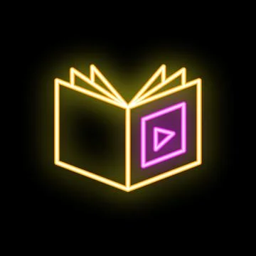 Neon icon of open book with play button for online education Stock Illustration
