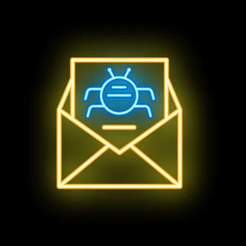 Neon icon of open envelope containing letter with computer bug showing cybe.. Stockillustratie