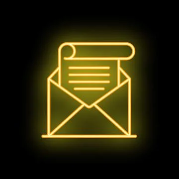 Neon icon of open envelope with letter sticking out on black background Stock Illustration