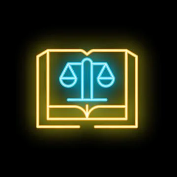 Neon icon of open law book with scales representing justice and law studies Stock Illustration