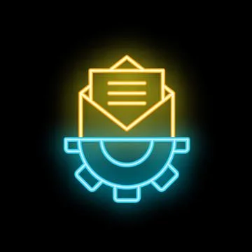 Neon icon of open mail envelope over gear wheel Stock Illustration