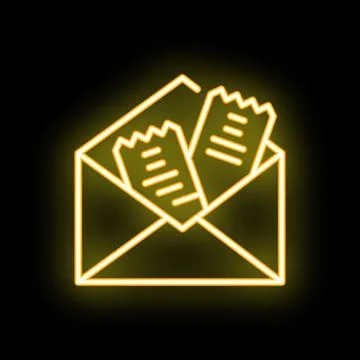 Neon icon of open mail envelope with two paper documents inside Stock Illustration