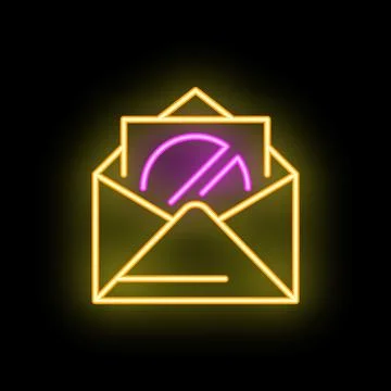 Neon icon of open mail with pie chart on black background Stock Illustration