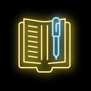 Neon icon of open notebook with pen for writing and note taking Illustrazione stock