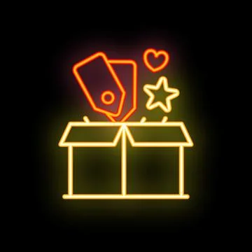 Neon icon of opened box with tags, heart and star representing surprise gift Stock Illustration
