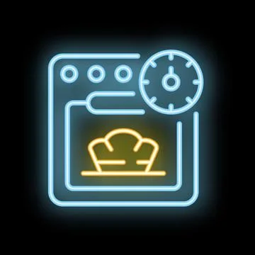 Neon icon of oven baking bread with timer set Stock Illustration