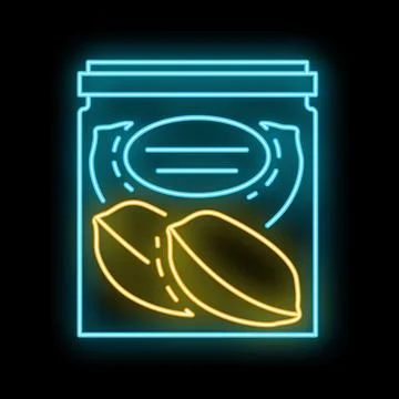 Neon icon of pack full of bird seeds glowing in blue and yellow Stock Illustration