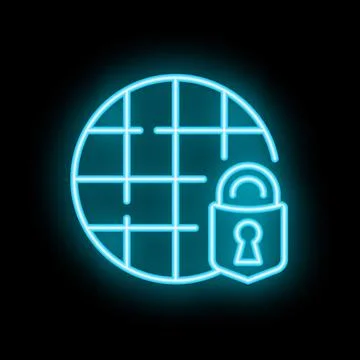 Neon icon of a padlock protecting a globe for cybersecurity concept Stock Illustration