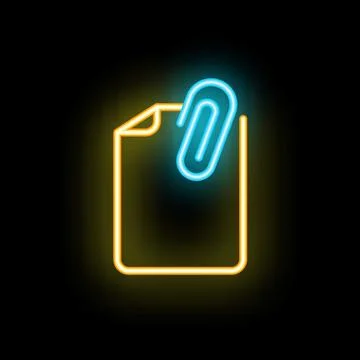 Neon icon of paper document with attached paperclip glowing on black backgrou Stock Illustration