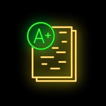 Neon icon of papers receiving a plus grade Stock Illustration