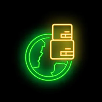 Neon icon of parcels rotating around the earth representing global shipping.. Illustrazione stock